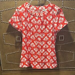 Boden Red and White Floral Short Sleeve Top